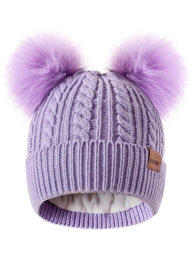 HAITHO Winter Hat for Kids Toddler Children, Girls Beanie with Double Pom Pom Warm Thick Thermal Fleece Lined, Girls Accessories Cute Knit Beanies Cap for Cold Weather(Purple) - Image 1